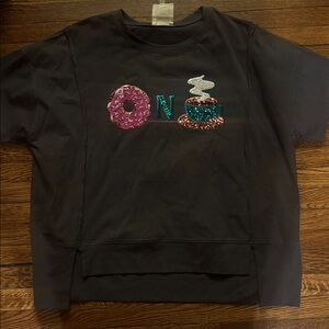 Fantastic Fawn Black Tee with Pink Donut and Coffee Design, Size L